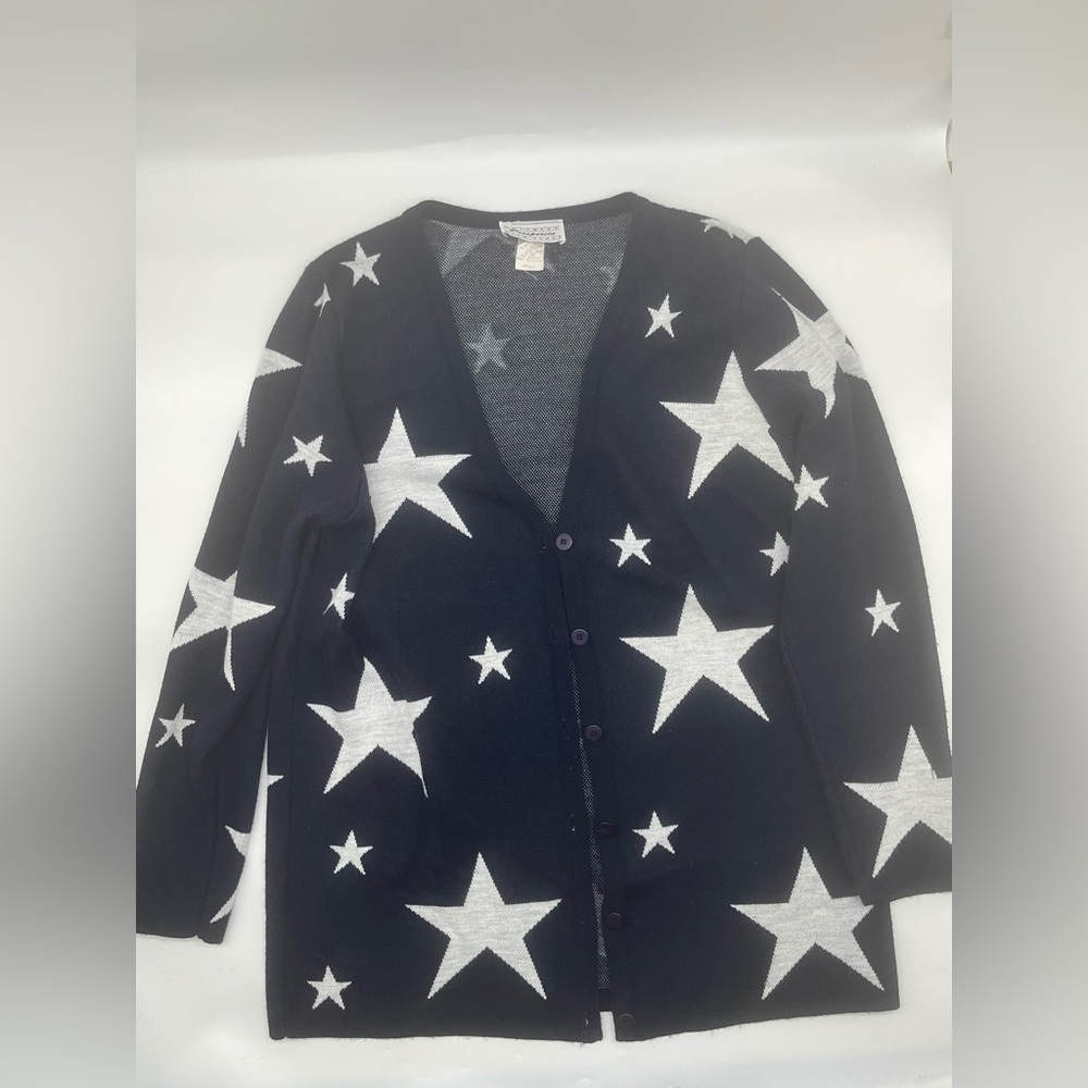 Vtg Prosperity Cardigan Sweater Womens Sz M Navy Blue Stars USA